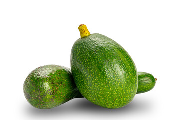Two varieties of fresh green avocadoes fruit on white background with clipping path.
