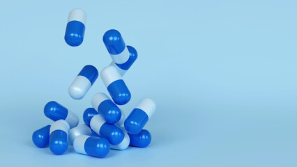 Falling antibiotic capsules out of the pill bottle, medical concept. 3D rendering.