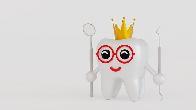 Cute tooth character with happy face holding dental equipment toothbrush, dental care concept, 3D rendering.