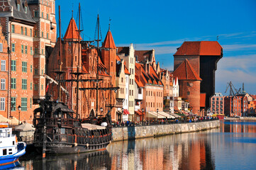 The Old Town of Gdansk, boulevards, Mlawa river. Pomeranian Voivodeship, Poland.