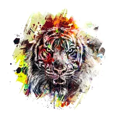 Foto op Plexiglas Colorful hand-drawn tiger muzzle, abstract colorful background color art © reznik_val