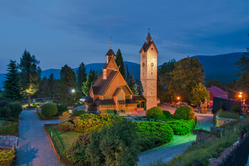 Vang stave church at night, Karpacz, Lower Silesian Voivodeship, Poland.