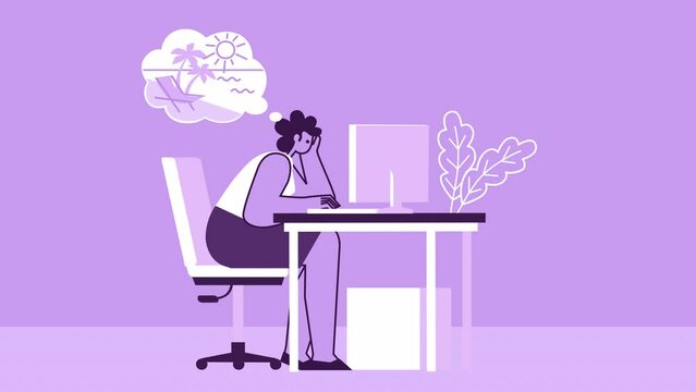 Purple Style Woman Flat Character Daydreaming About Summer Vacation at Workplace with Computer. Isolated Loop Animation with Alpha Channel