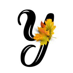 Hand drawn letter Y with autumn leaves isolated on white background. Vector illustration.