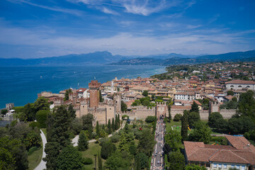 The historical part of the city of Lazise, coastline. Drone view of Lazise town on Lake Garda Italy. Aerial view of Lazise city, Verona.
