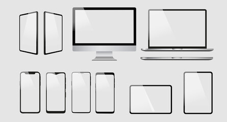 Realistic computer design vector icons. Notebook, tablet, and smartphone illustration. Gray transparent background and isolated screens. Realistic vector illustration.