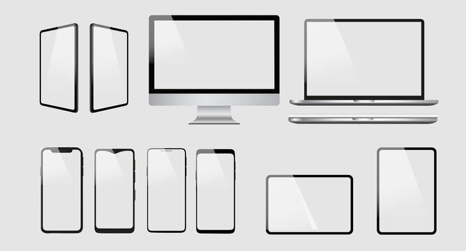 Realistic computer design vector icons. Notebook, tablet, and smartphone illustration. Gray transparent background and isolated screens. Realistic vector illustration.