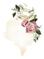 Floral template with white and pink roses, jasmine and greenery on watercolor styled ivory background