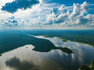 Big lake with green shores in bright sun light, aerial landscape. Recreation concept. Aerial view
