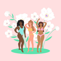 Women in swimsuits of different nationalities and physiques are standing opposite white flowers. International Women's day. Concept for equality, activism, feminism, body positive.