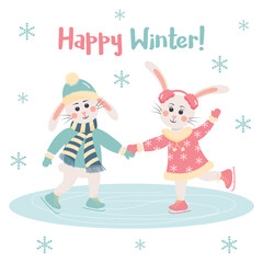 Cute rabbits boy and girl are skating. Happy winter quote and snowflakes. Greeting card.