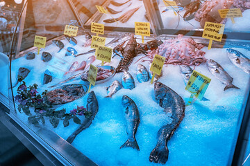 assortment of fresh fish and seafood for sale on display with ice. Healthy mediterranean diet