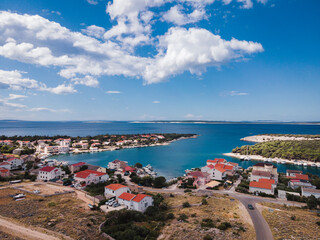 Naklejka na ściany i meble Drone flight over the beautiful island of Pag in Croatia, simuni, novalja, zrece beach