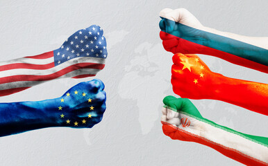 Flags of usa or United States of America, Russia, Iran, EU or European Union and China on hands punch to each others on world map background, Ukraine vs Russia in proxy war concept