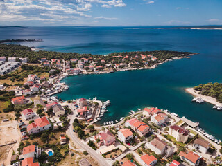 Drone flight over the beautiful island of Pag in Croatia, simuni, novalja, zrece beach