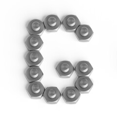 Capital letter G from iron bolts and nuts. Industrial or engineering font or symbol. 3d illustration. White background. Lettering design element. Initial cap