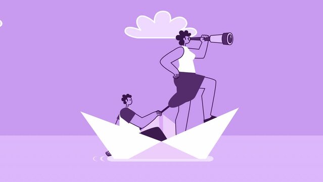 Purple Style Flat Characters Rower Oarsman and Woman Captain Float on Paper Boat. Isolated Loop Animation with Alpha Channel