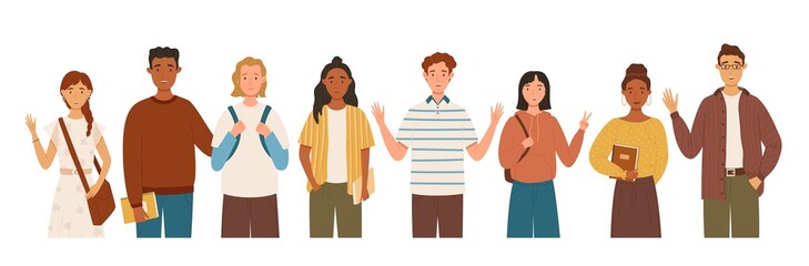 Obraz premium Group of multicultural students flat vector illustration. Young girls and boys holding books and backpacks. Isolated characters on white background. Happy teenager in casual clothes. Youth lifestyle
