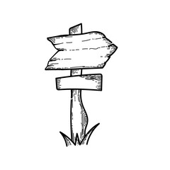 Road sign for hiking trails. Hand-drawn doodle-style element. Local tourism. Signpost in mountains and forests. Vector image of camping or hiking items on white background.