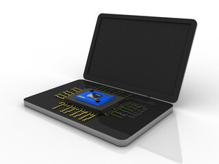 3d render Laptop computer with microchips