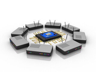 3d rendering wifi modem with microchips 