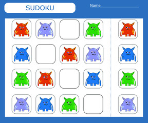 Sudoku game for children with  colorful  monsters. Kids activity sheet . 