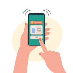 Mobile phone reminder. Time to drink glass of water. Water balance and healthy lifestyle concept. Ringing smartphone in hand of woman top view. Flat vector illustration