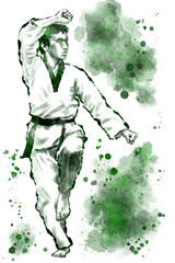 Silhouette Illustration of Korean Traditional Martial Arts Taekwondo by Hand Painting