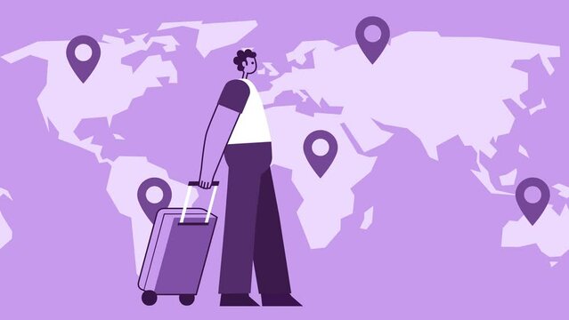 Purple Style Man Flat Character Walking with Travel Suitcase on World Map Loop Animation Background