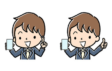 スマホの画面を見せているスーツの男性