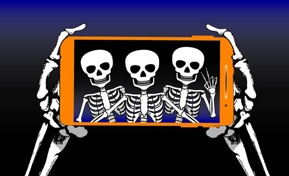 Three Skeletons made selfie with peace gesture on smartphone.Vector illustration.