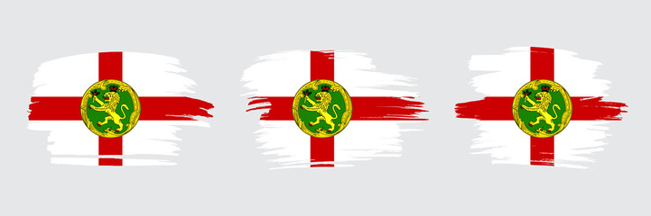 Set of 3 creative brush flag of Alderney with grungy stroke effect. Modern brush flags collection.
