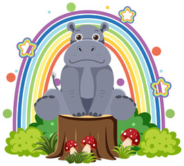 Cute hippo on stump in flat cartoon style