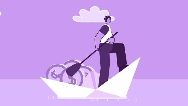 Purple Style Man Flat Character Sailing on Paper Ship with Dollar Coins. Isolated Loop Animation with Alpha Channel