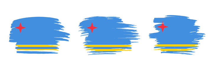 Set of 3 creative brush flag of Aruba with grungy stroke effect. Modern brush flags collection.