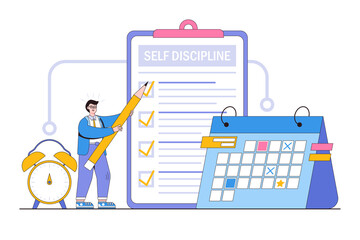Self control to complete work or achieve business goals, time management to increase productivity concepts. Businessman writing self discipline list plan on clipboard with alarm clock and calendar