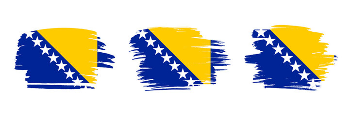 Set of 3 creative brush flag of Bosnia and Herzegovina with grungy stroke effect. Modern brush flags collection.