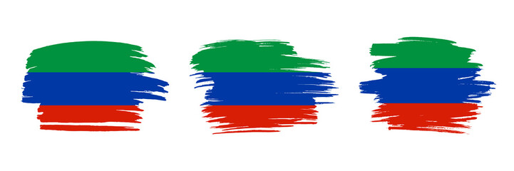 Set of 3 creative brush flag of Dagestan with grungy stroke effect. Modern brush flags collection.
