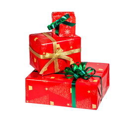 three red gift boxes on a white insulated background lie in a stack. High quality photo