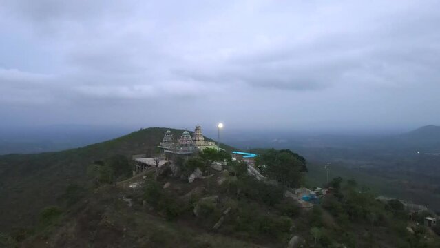 mountain hill historical Hindu temple drone shot top view Karnataka Mysore India Chikka Devammana Betta.