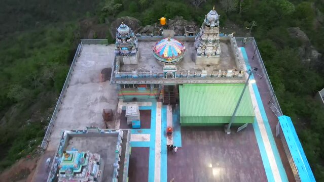 mountain hill historical Hindu temple drone shot top view Karnataka Mysore India Chikka Devammana Betta.