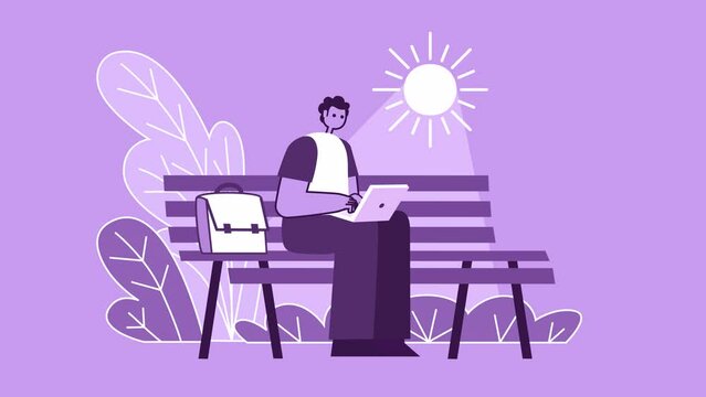 Purple Style Man Flat Character Working Sitting on Bench with Laptop. Isolated Animation with Alpha Channel