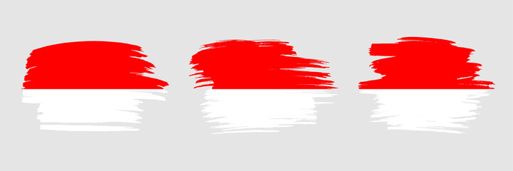 Set of 3 creative brush flag of Indonesia with grungy stroke effect. Modern brush flags collection.