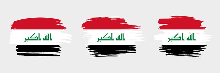 Set of 3 creative brush flag of Iraq with grungy stroke effect. Modern brush flags collection.