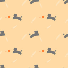 Seamless pattern background, gray cat and orange knitting wool ball