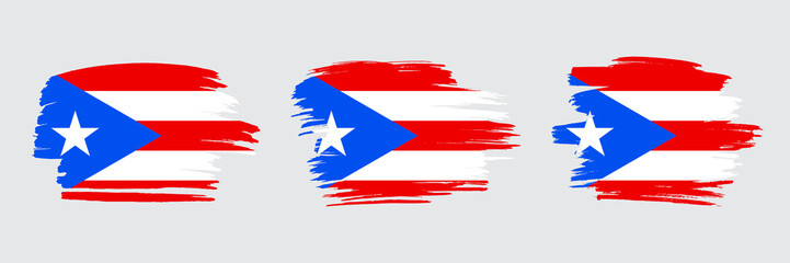Set of 3 creative brush flag of Puerto Rico with grungy stroke effect. Modern brush flags collection.