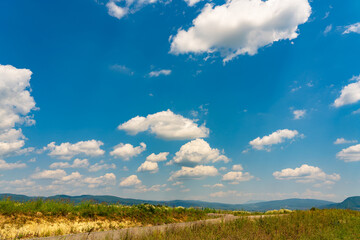 Beautiful cloudy blue sky over a green summer valley