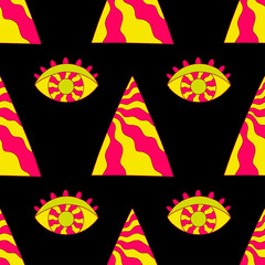Crazy psychedelic seamless pattern in acid rave style. Vector illustration with eye and triangle in bright colors.