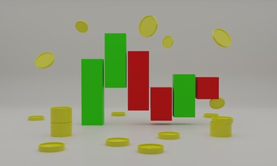 3d render graph and coins falling.