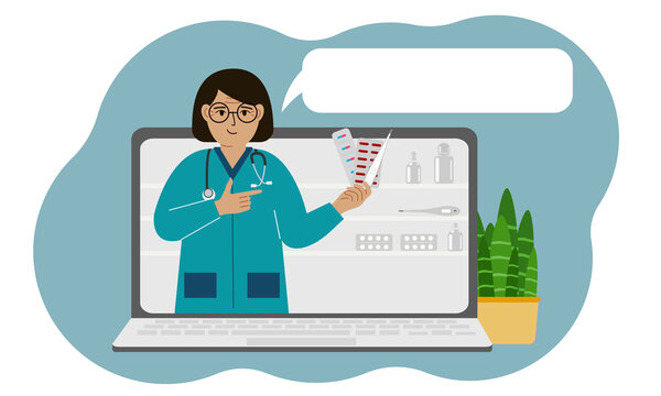 Online consultation or feedback concept. Laptop with a picture of a female pharmacist with medicines in his hand.